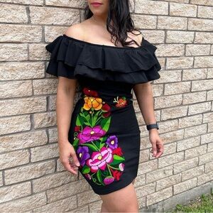 Black Off-Shoulder Dress with Floral Embroidery